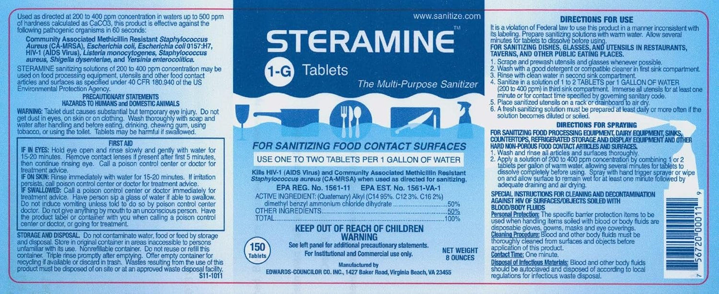 1 Bottle Steramine Sanitizer Tablets w/15x QT-10 Test Strips - Multi Purpose Steramine Sanitizing Tablets for Food Contact Surface, Kitchen, Restaurant, Food Service by FryOilSaver (150 Count)