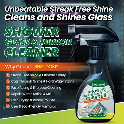 SHIELDOM Shower Glass Cleaner, Glass Window & Mirror Cleaning Hard Water Stains Remover Removes Soap Scum/Water Spot/Fingerprint/Dirt with Squeegee & Towel for a Streak-Free Shine 6.8fl oz/200ml