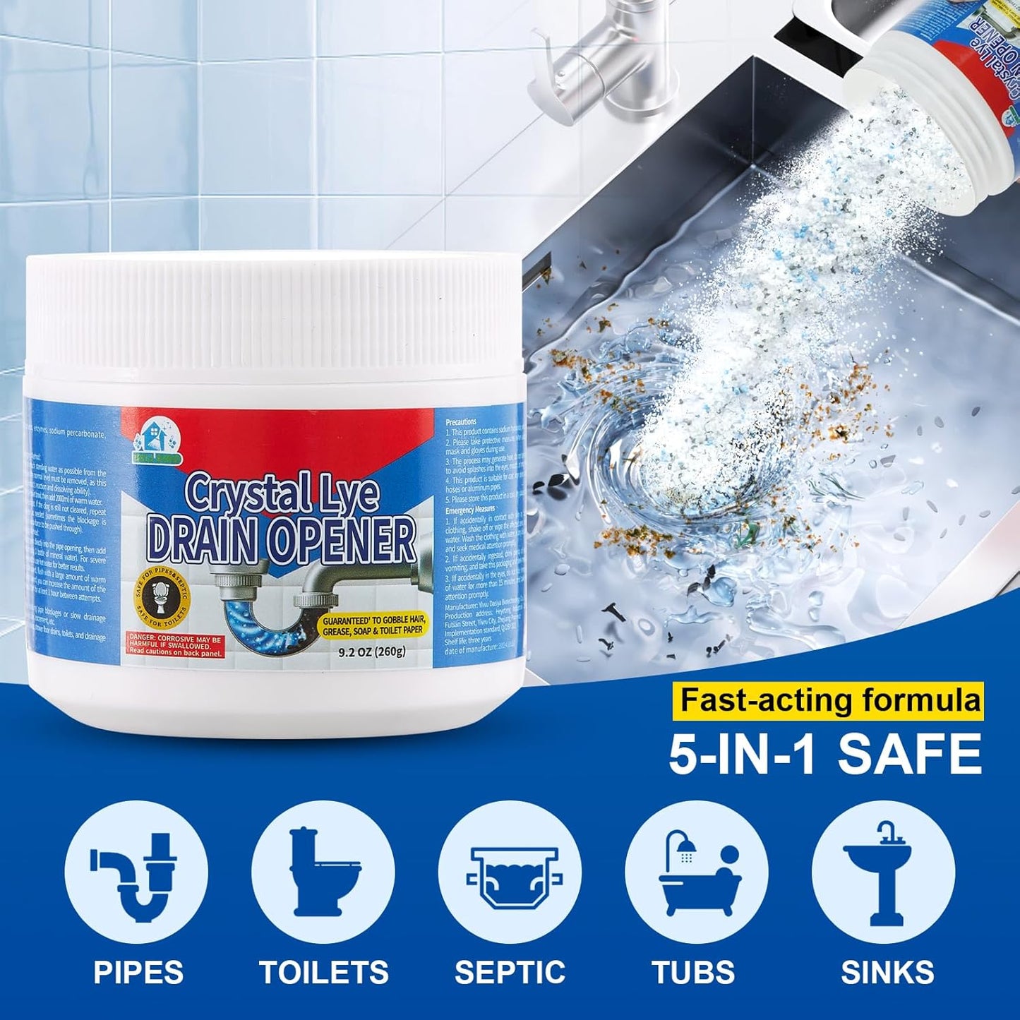 BELL BIRD Drain Opener,Powerful Unclogging,Crystal lye, Sodium hydroxide, Unclog drains, Bathroom sinks, Kitchen sinks, Shower pipes (1 PSC, Gram, 260)