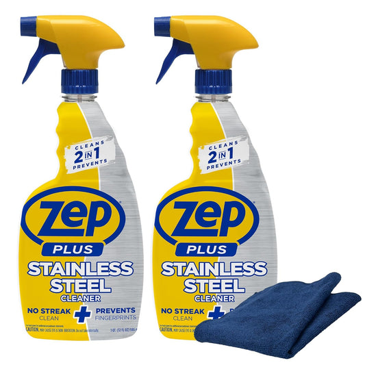 Zep Plus Stainless Steel Cleaner 32 oz (2 Units) & a Blue Microfiber Rag ECBD022 - Streak-Free Fingerprint Removal for Stainless Steel Appliances