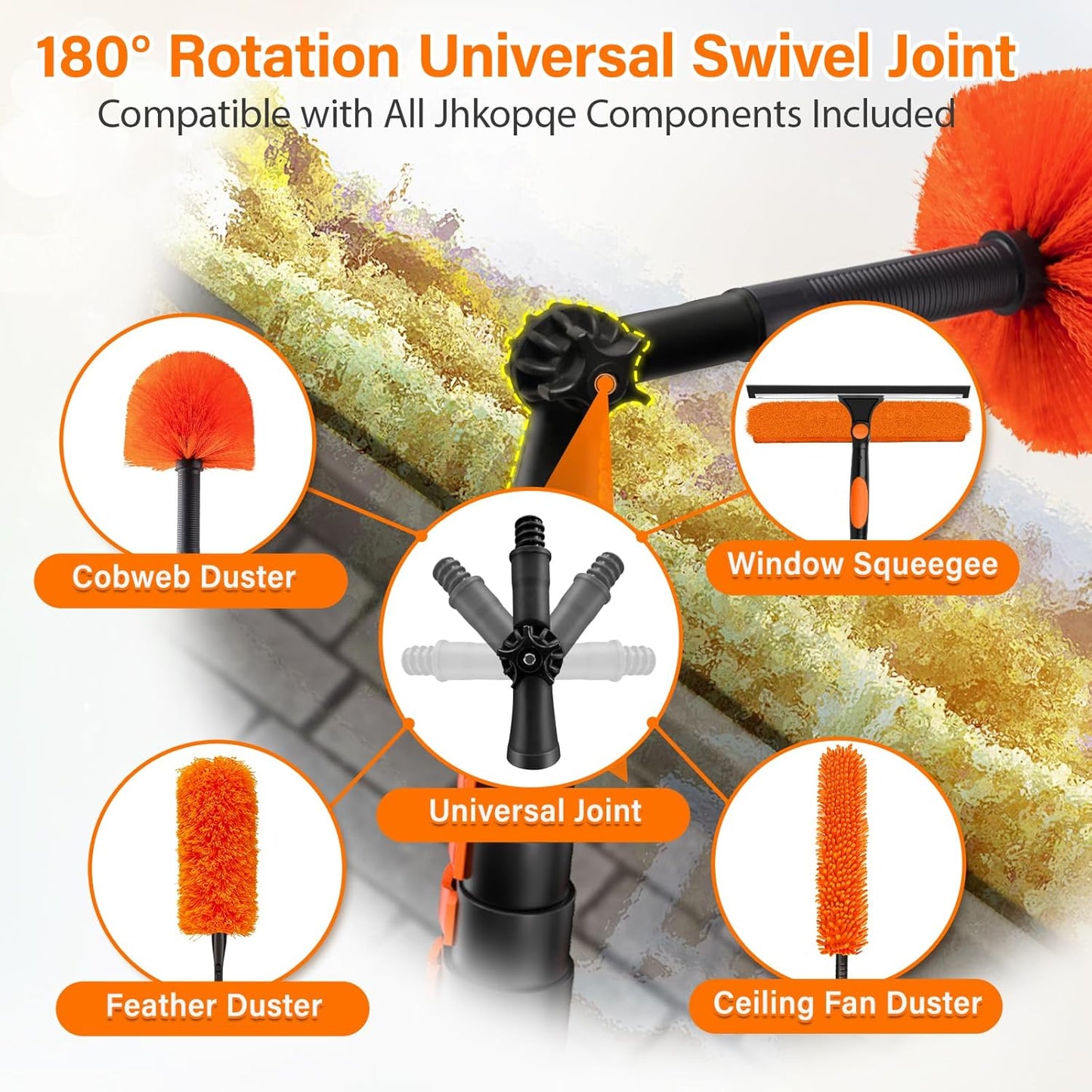 26FT High Reach Duster with Extension Pole 5-20FT, 4-in-1 Cleaning Kit with Universal Swivel Joint | High Ceiling Fan Cleaner, Cobweb Duster & Window Squeegee for Safe High-Reach Cleaning