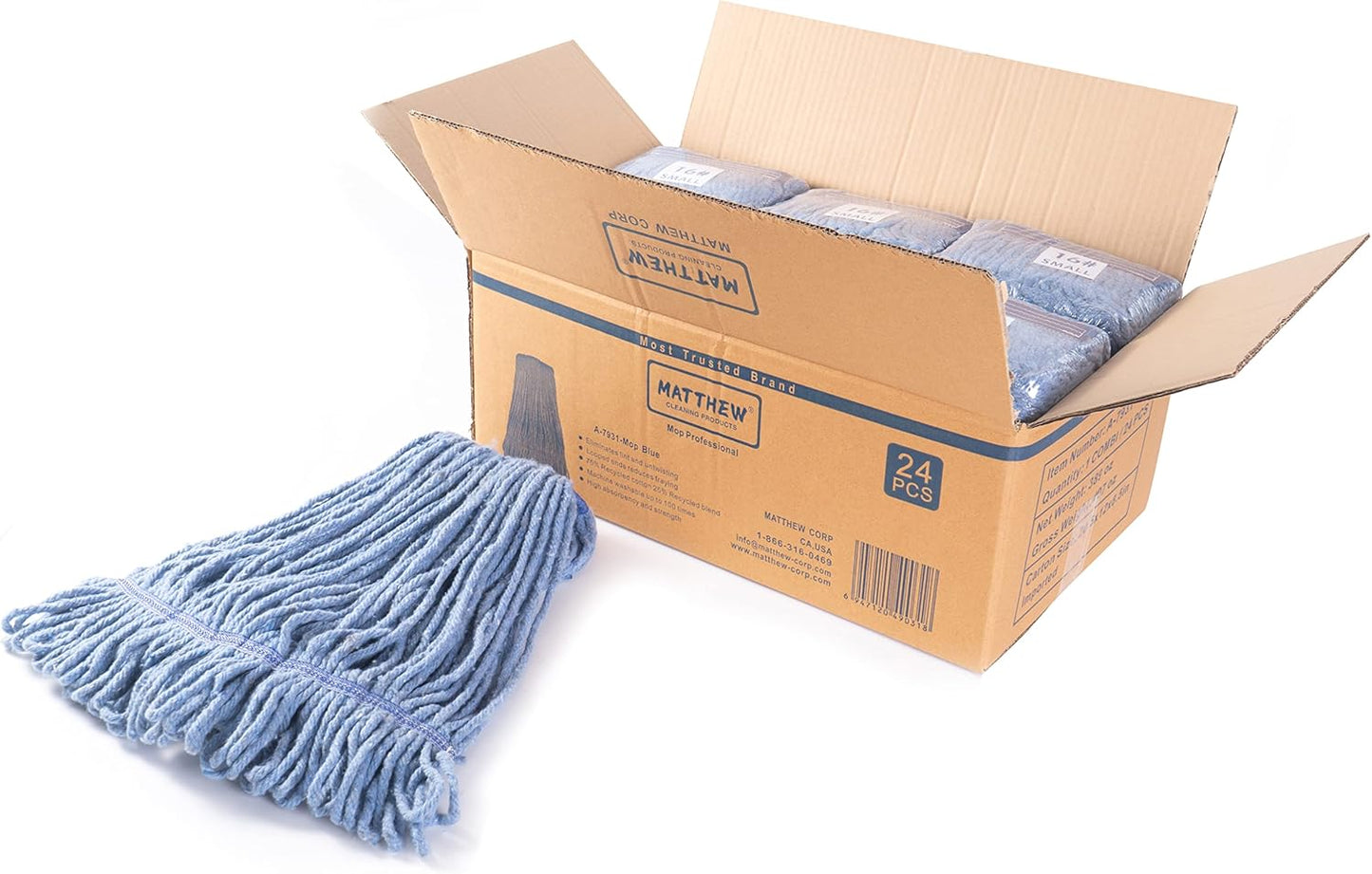 Matthew Cleaning Heavy Duty Mop Head Commercial Replacement for General and Floor Cleaning , Wet Industrial Blue Cotton Looped End String Head Refill (Pack of 6) Blue