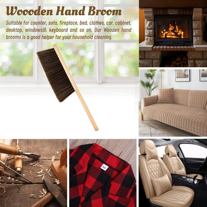 Woooden Hand Whisk Broom - Small Dust Brush with Soft Bristles & Wood Handle for Couch, Car, Fireplace, Bed & Household Cleaning (Brown)