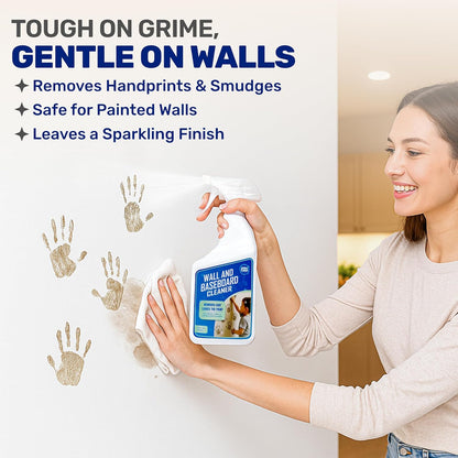 Gentle Wall & Baseboard Cleaner - Safe for Painted Walls & Trim | Non-Toxic, No-Rinse Spray | Anti-Resoil, Streak-Free Finish for Everyday Cleaning | 32 oz (1 Quart) | Made in USA