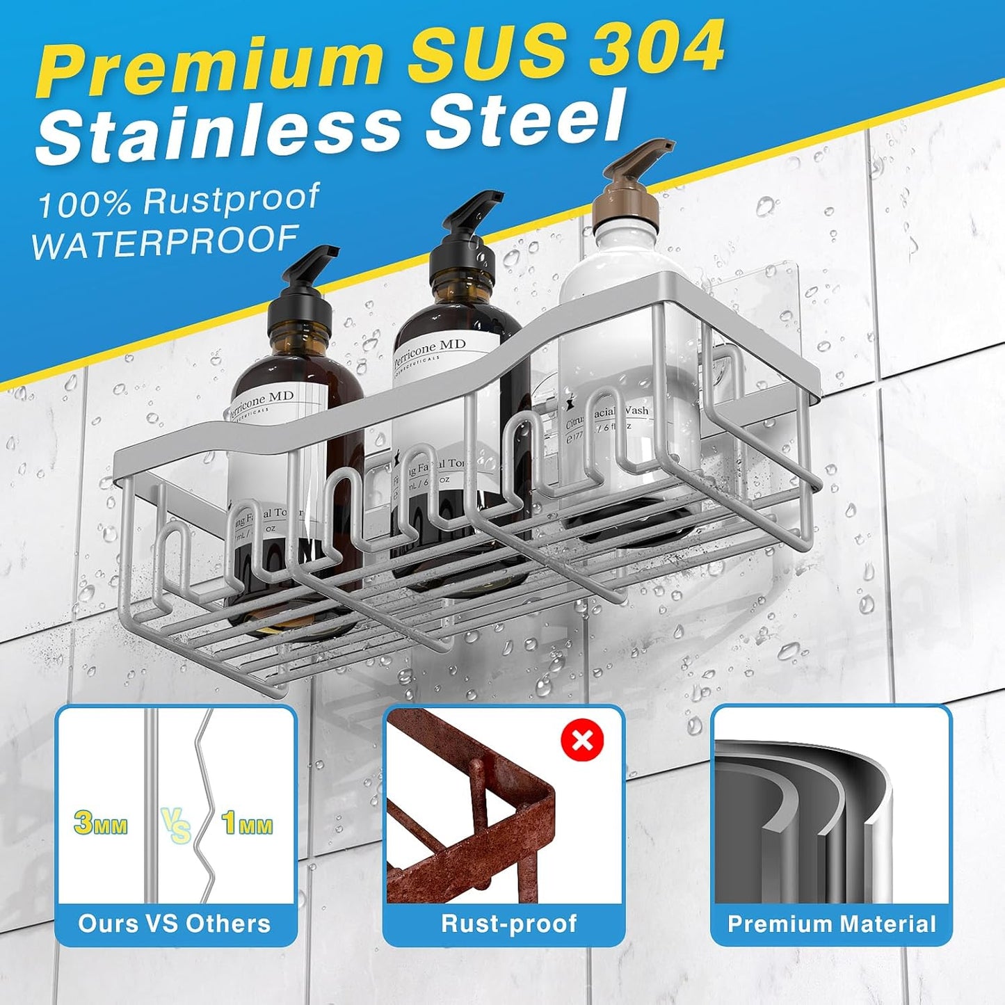 EUDELE Adhesive Shower Caddy, 5 Pack Rustproof Stainless Steel Bath Organizers With Large Capacity, No Drilling Shelves for Bathroom Storage & Home Decor