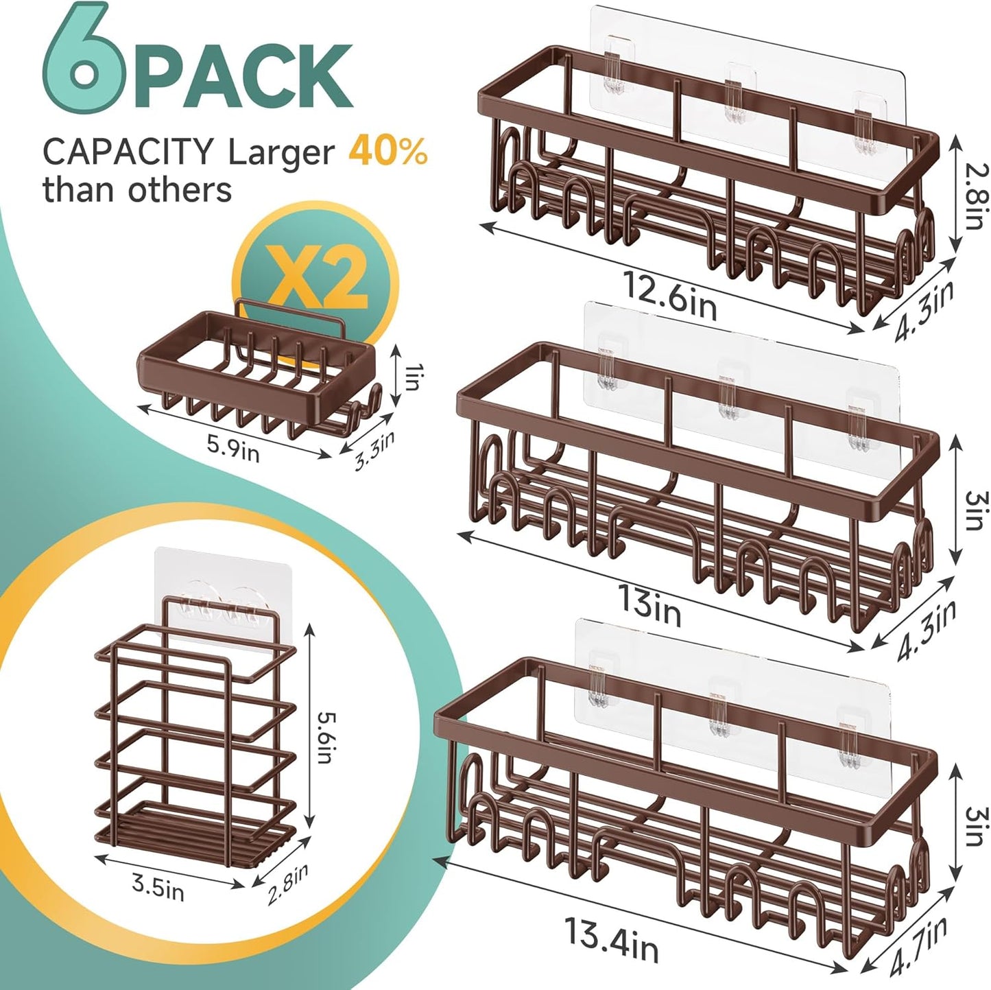 Veken Shower Caddy 6-Pack, Advanced Rustproof Design, No Drilling Adhesive Shelves, Rack with Soap Holder, Large Capacity Bathroom Organizers and Storage, Wall-Mounted, Gifts for Women Mom