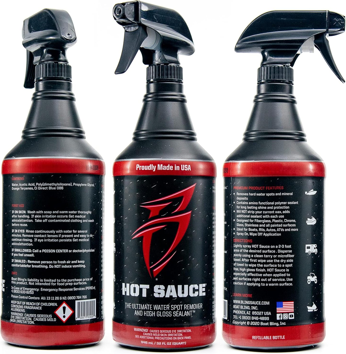 Boat Bling Hot Sauce Premium Hard Water Spot Remover w/High-Gloss Wax Sealants, 32 oz., black