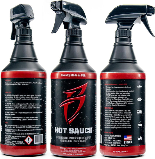 Boat Bling Hot Sauce Premium Hard Water Spot Remover w/High-Gloss Wax Sealants, 32 oz., black