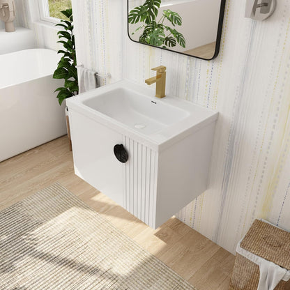SSLine Modern 24-Inch Bathroom Vanity with Sink Wall Mounted Bathroom Vanity with Top Basin & Storage Cabinet White Wood Floating Vanity w/Ceramic Sink & Gold/Black Handles for Small Space