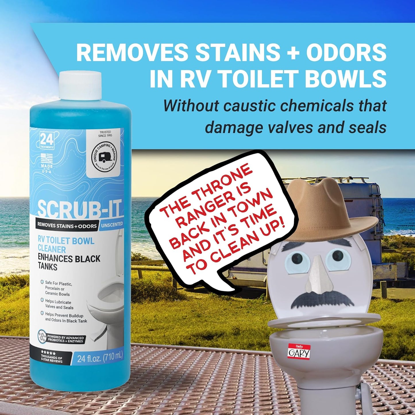 Unique Scrub-It RV Toilet Bowl Cleaner Liquid – RV Toilet Cleaner for Rimless RV Toilets, Squirt Top, Removes Stains & Odors (24 oz) Amazon Exclusive Packaging