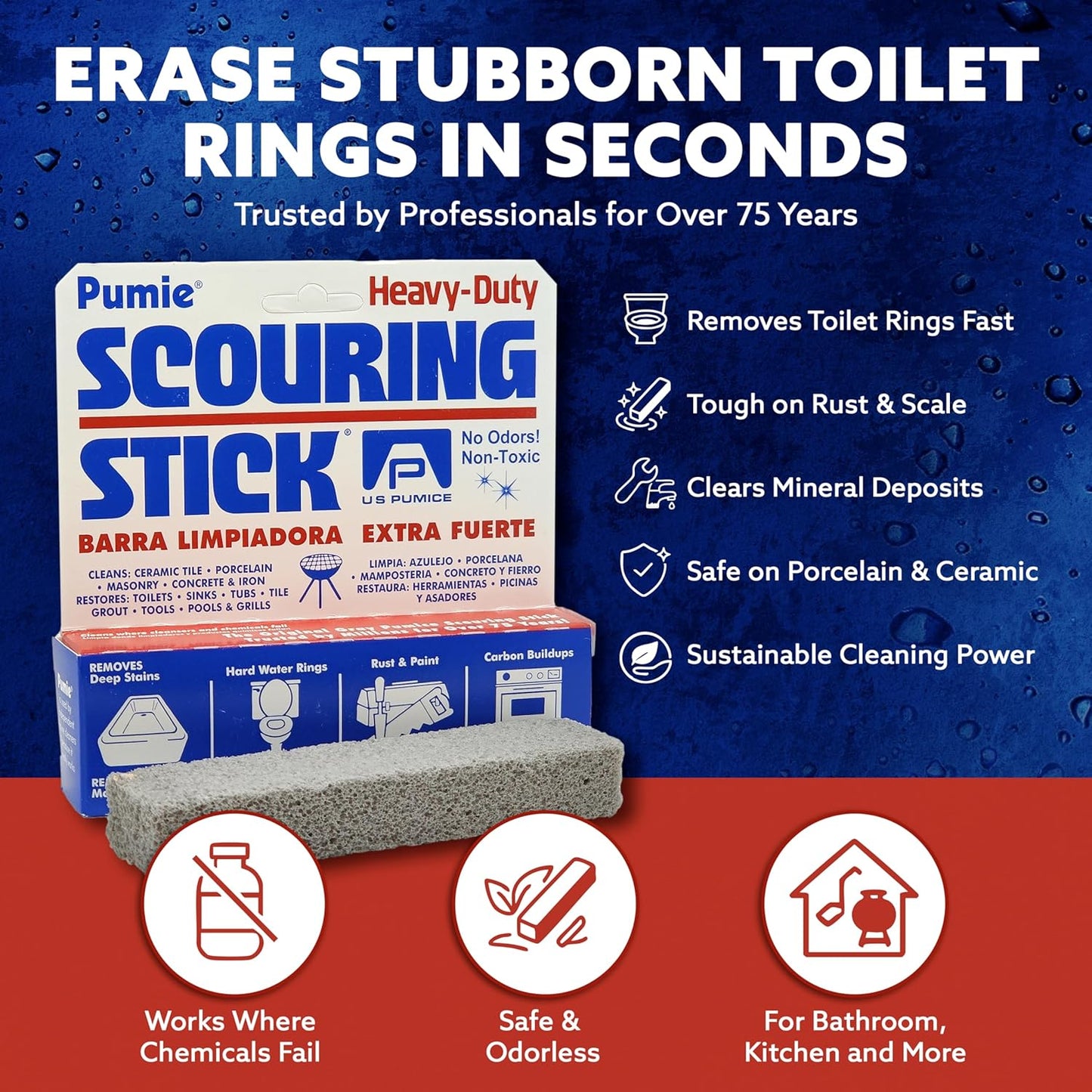 PUMIE Pumice Scouring Stick (1 Pack) - Extra Strong, Heavy Duty Pumice Cleaning Stone for Bathroom, Kitchen, Grill - Scouring Stick for Cleaning Pool, Rust, Stains & Hard Water Rings