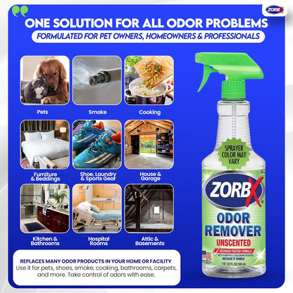 ZORBX Unscented Odor Remover Spray 32 oz - Perfect Solution for Strong Odor - Advanced Trusted Formula & Fast-Acting Odor Eliminator for Dog, Cat, Puppy