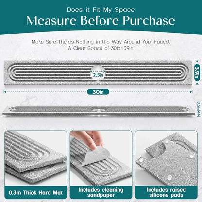 Eormoe Faucet Mat for Kitchen Sink – Diatomite Stone Drying Mat & Sink Protectors, Prevent Moisture – Sink Splash Guard Water-Absorbing Stone Tray for Bathroom Counter (Light Grey, 23.6" x 3.9")