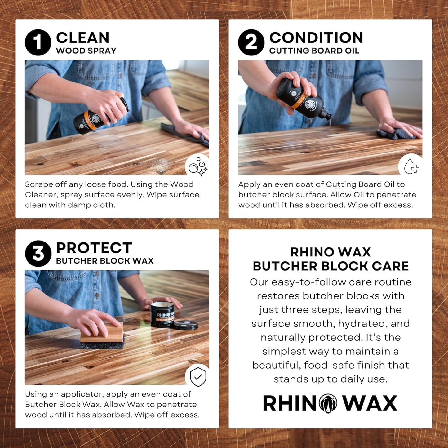 Rhino Wax Cutting Board Wood Spray Cleaner - Butcher Block and Large Wood Surface Spray-Cleaner - Food-Safe and Plant-Based Ingredients - Fresh Citrus Scent Eliminates Food Odors - Made in the USA
