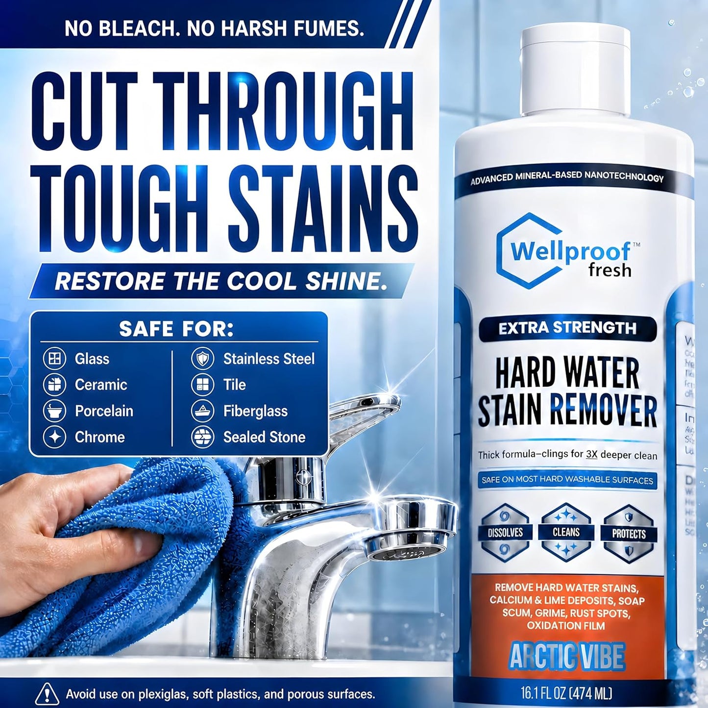 Wellproof Hard Water Stain & Scum Scale Remover – 3X Nanotech Deep Cleaner, No Bleach, No Acid | Limescale, Soap Scum, Calcium & Rust Cleaner for Showers, Glass, Toilets, Tubs, Sinks & Cooktops & More