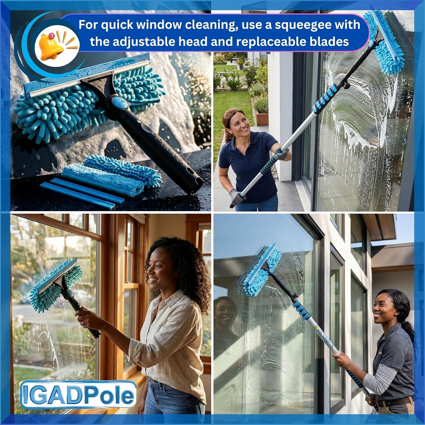 IGADPole 24 FT Water-Fed Washing Kit with Soap-Dispenser, Brush, 10″ Squeegee & Cobweb Duster for Windows, Gutters, Solar Panels & Exterior Walls