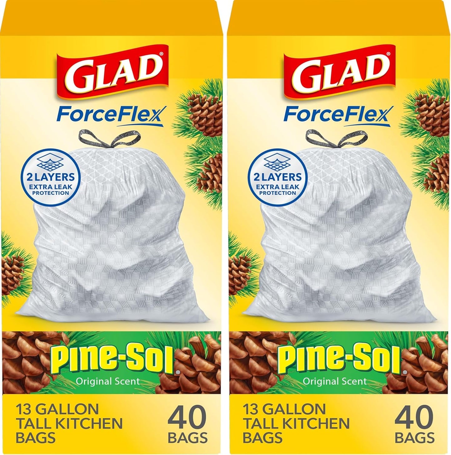 Glad ForceFlex Tall Kitchen Trash Bags, 13 Gallon, Pine-Sol Original, 40 Count (Package May Vary)