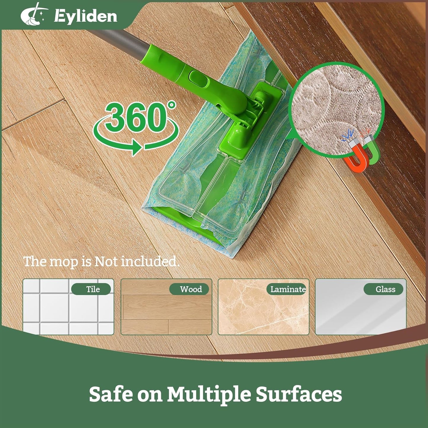 Eyliden 24 Count Wet Mop Pads Refills, Pre-Moistened Floor Cleaning Disposable Pads with Cleaner for 10 inch Sweeper Mops, Safe for Hardwood Laminate Tile Vinyl and Linoleum Floors