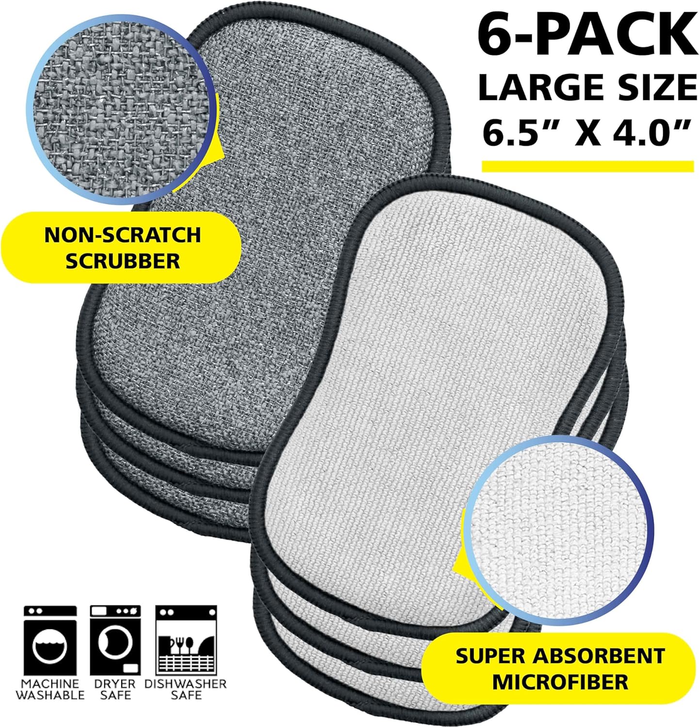Fresh Scrub-N-Wipe Pad by Tuff-Scrub, 6-Pack, Antimicrobial & Charcoal Foam for Odor Control, Microfiber, Multi-Surface, Non-Scratch, Dual-Sided, Machine Washable, Kitchen Sponge (Small)