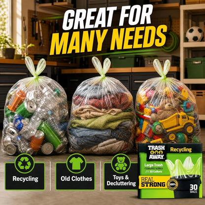 Heavy Duty Clear Recycling Bags | Tall & Strong Bags for Home & Kitchen - (30 Ct, 30 Gallons) Large Trash Bags Paper, Plastic & Aluminum | Thick Recycle Bin Bags (Clear)
