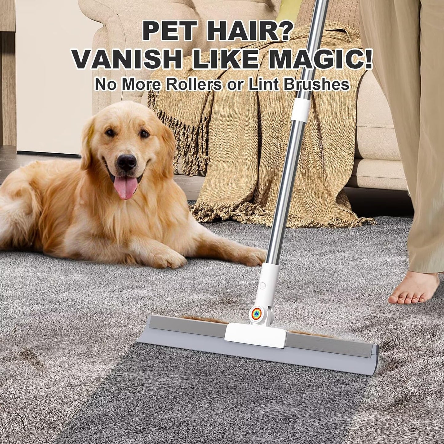 Squeegee Broom for Floor, 18" Heavy Duty Floor Squeegee with Rubber Scrubbing Teeth, 2-in-1 Magic Silicone Broom for Pet Hair, Dust, Water, Tile and Carpet, 61" Long Handle