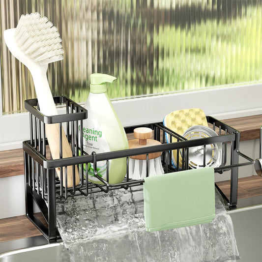 SWTYMIKI Sponge Holder for Kitchen Sink - 2 Tier Rustproof Sink Caddy with Instant Drying Stone, Removable Dish Brush Holder, Stainless Steel Kitchen Caddy for Coutertop Storage Accessories