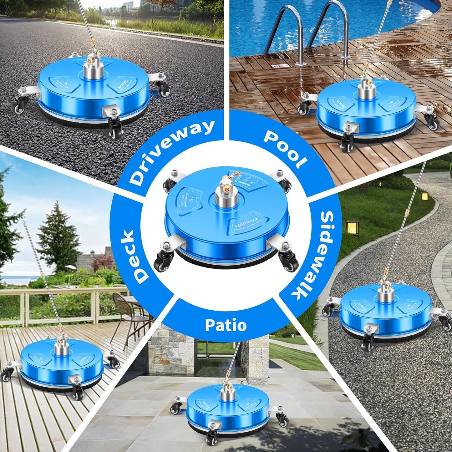 14" Pressure Washer Surface Cleaner with 4 Wheels - Stainless Steel Surface Cleaner for Pressure Washer Attachment for Concrete, Patio, Sidewalk, Deck and Driveways - PWS14