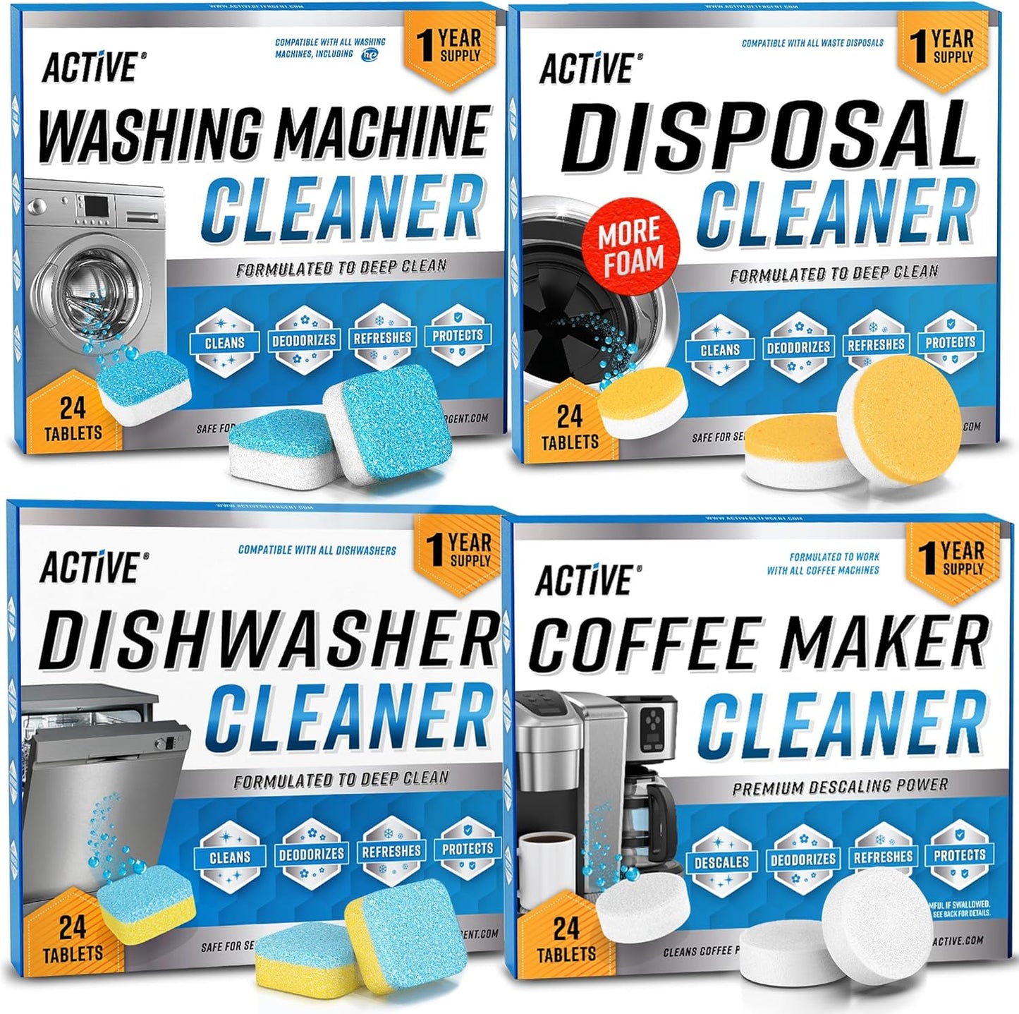 ACTIVE Washing Machine And Dishwasher Cleaning Tablets Bundle - Includes 12 Month Supply Dishwasher Cleaner Deodorizer & Washing Machine Descaler Deep Cleaning Tablets - 48 Tablet Set