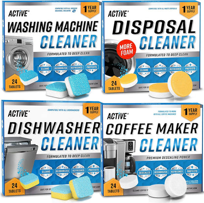 ACTIVE Washing Machine And Dishwasher Cleaning Tablets Bundle - Includes 12 Month Supply Dishwasher Cleaner Deodorizer & Washing Machine Descaler Deep Cleaning Tablets - 48 Tablet Set