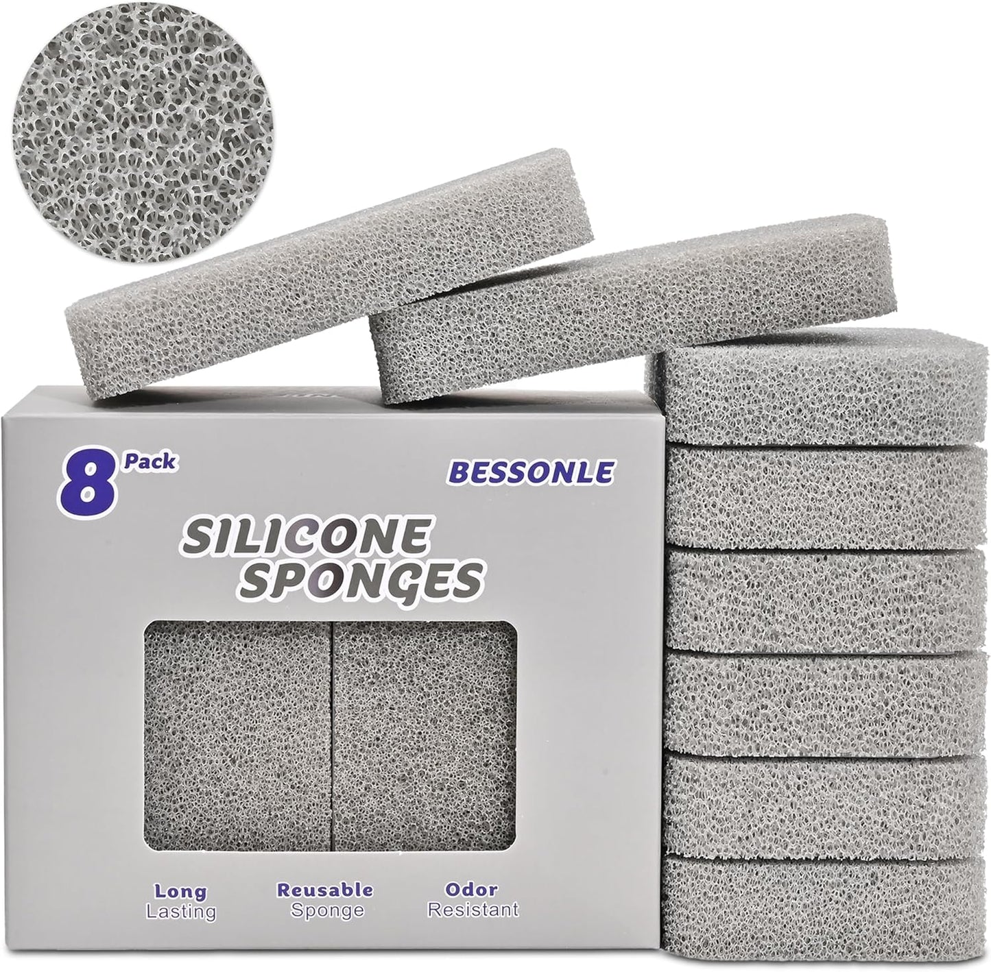 8 Pack Silicone Scrubbing Sponges, Heavy-Duty, Non-Scratch Kitchen Sponges - Reusable, Odor-Free, Perfect as Cleaning for Dishes, Non-Stick, Countertops (Grey)
