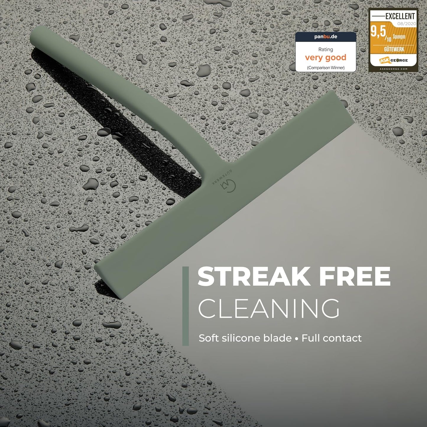 GÜTEWERK Silicone Shower Squeegee for Glass Doors & Mirrors with Stainless Steel Core, Streak-Free & No-Squeak Window Cleaning, 3-in-1 No-Drill Mount (Hook/Suction/Adhesive), Black, 9''