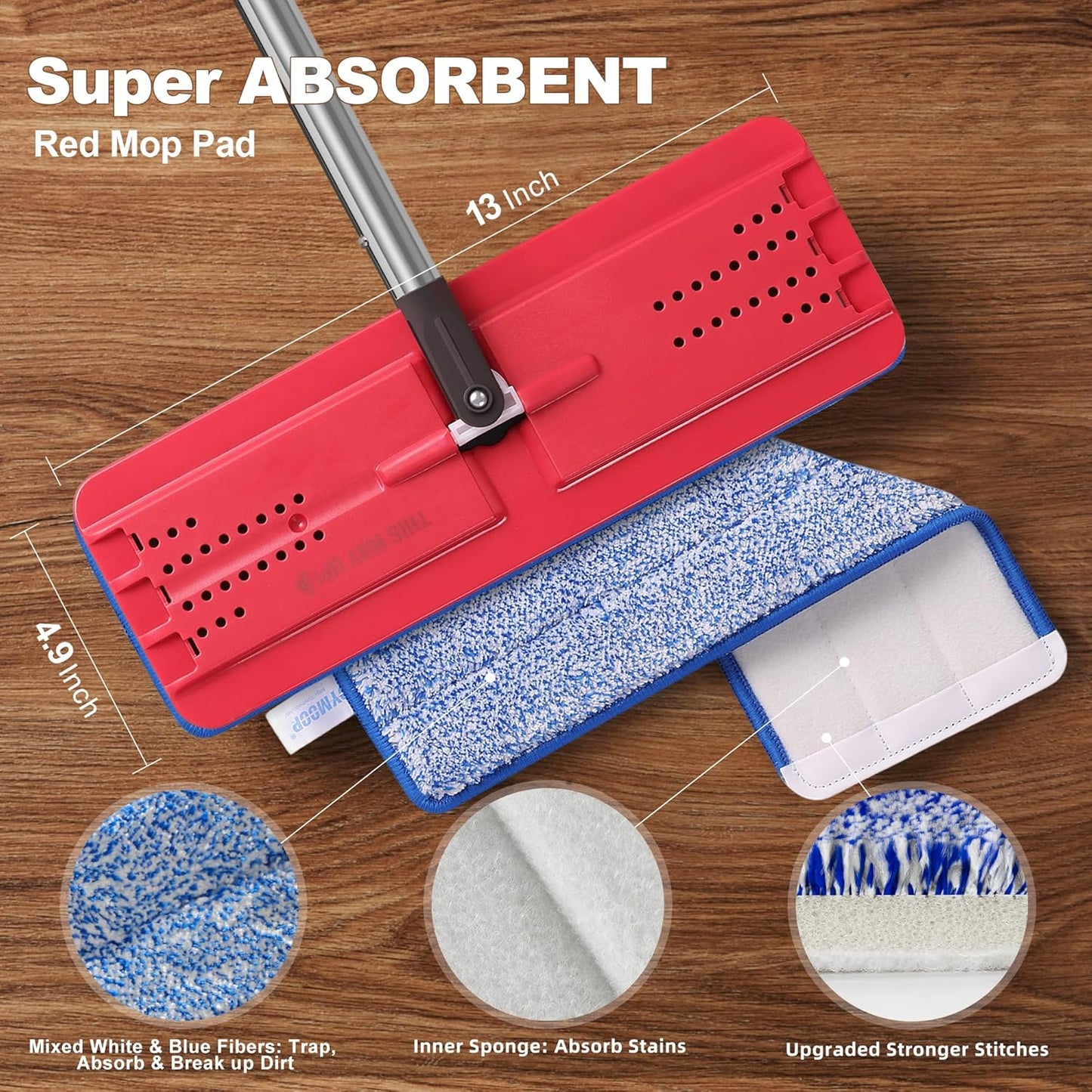 JOYMOOP Flat Mops, Microfiber Mop for Floor Cleaning and Wall Cleaner, 50" Mop Handle with Flexible 13" Flat Head with a Microfiber Mop Pad - White