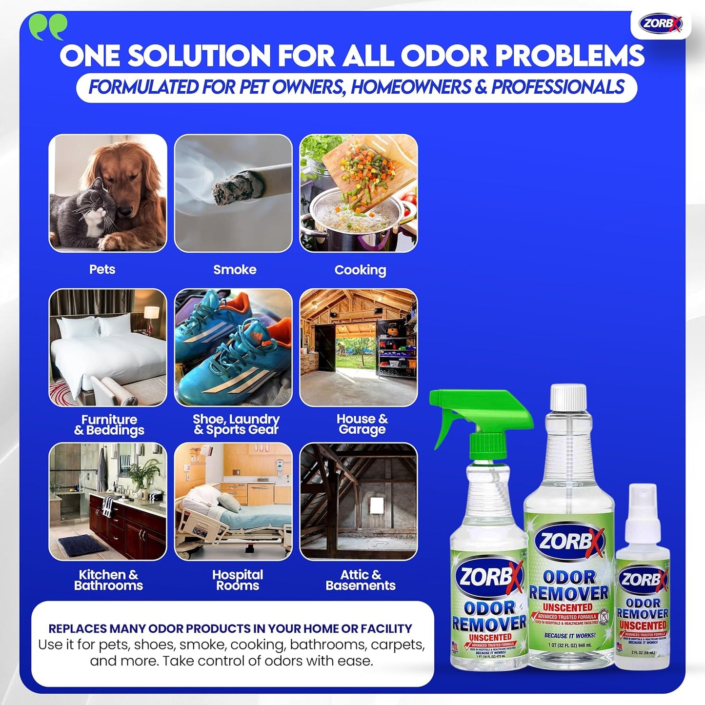 ZORBX Unscented Odor Eliminator for Strong Odor 2 Fl Oz Pack of 5 - Used in Hospitals & Healthcare Facilities - Advanced Formula, Fast-Acting Odor Remover Spray for Dog, Cat, House & Carpet