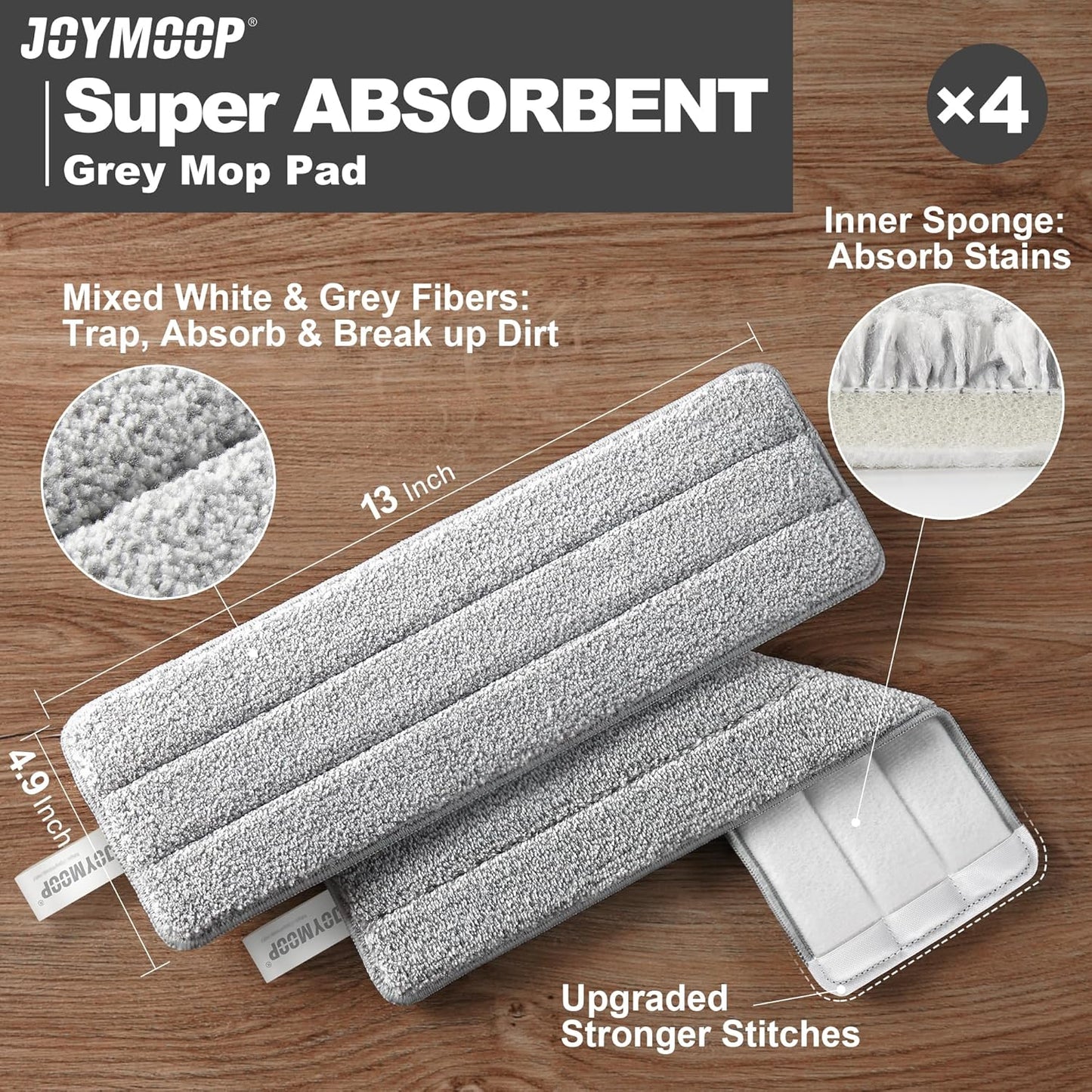 JOYMOOP 17.7-Inch Microfiber Flat Mop Replacement Pads – Washable Reusable Grey & Stripe, Pack of 4 Heavy-Duty Wet & Dry Refill for JOYMOOP Flat Mop & Bucket System