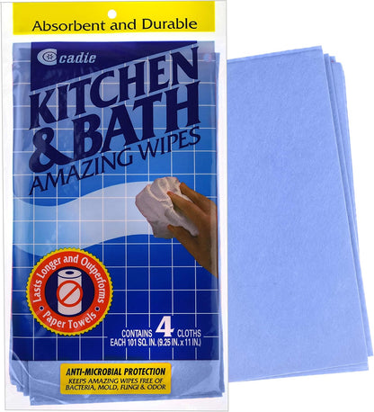 Kitchen and Bath Amazing Wipes-Absorbent and Reusable Cloth for Washing,Drying,Wiping in The Bathroom or Cuisine Surfaces|Cleaning Sink,Tiles,Bathtub,Walls,Mirror Or Floors (1 Pack-4 Wipes, Blue)
