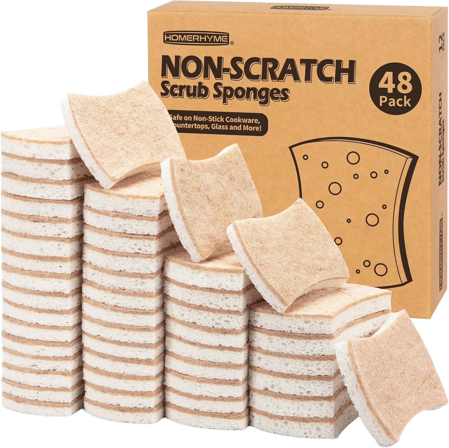 Non-Scratch Cellulose Scrub Sponges 12 Pack, Sponges Kitchen with Double-Side & Ergonomic Design for Dishes, Coated Cookware, Sink & Countertops.