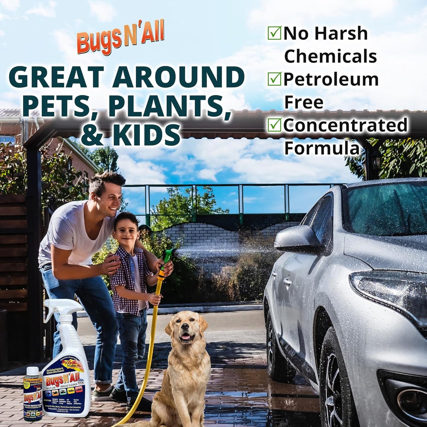 Bugs N’ All Multipurpose Car Cleaner & Degreaser - Bug & Tar Remover Concentrate 32 oz - Exterior Cleaner Safe for Car Paint, Metal, Chrome, Aluminum, Windows & Mirrors - w/Free 32 oz Spray Bottle