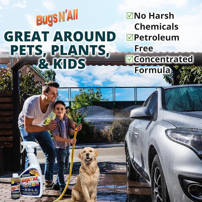 Bugs N’ All Multipurpose Car Cleaner & Degreaser - Bug & Tar Remover Concentrate 32 oz - Exterior Cleaner Safe for Car Paint, Metal, Chrome, Aluminum, Windows & Mirrors - w/Free 32 oz Spray Bottle