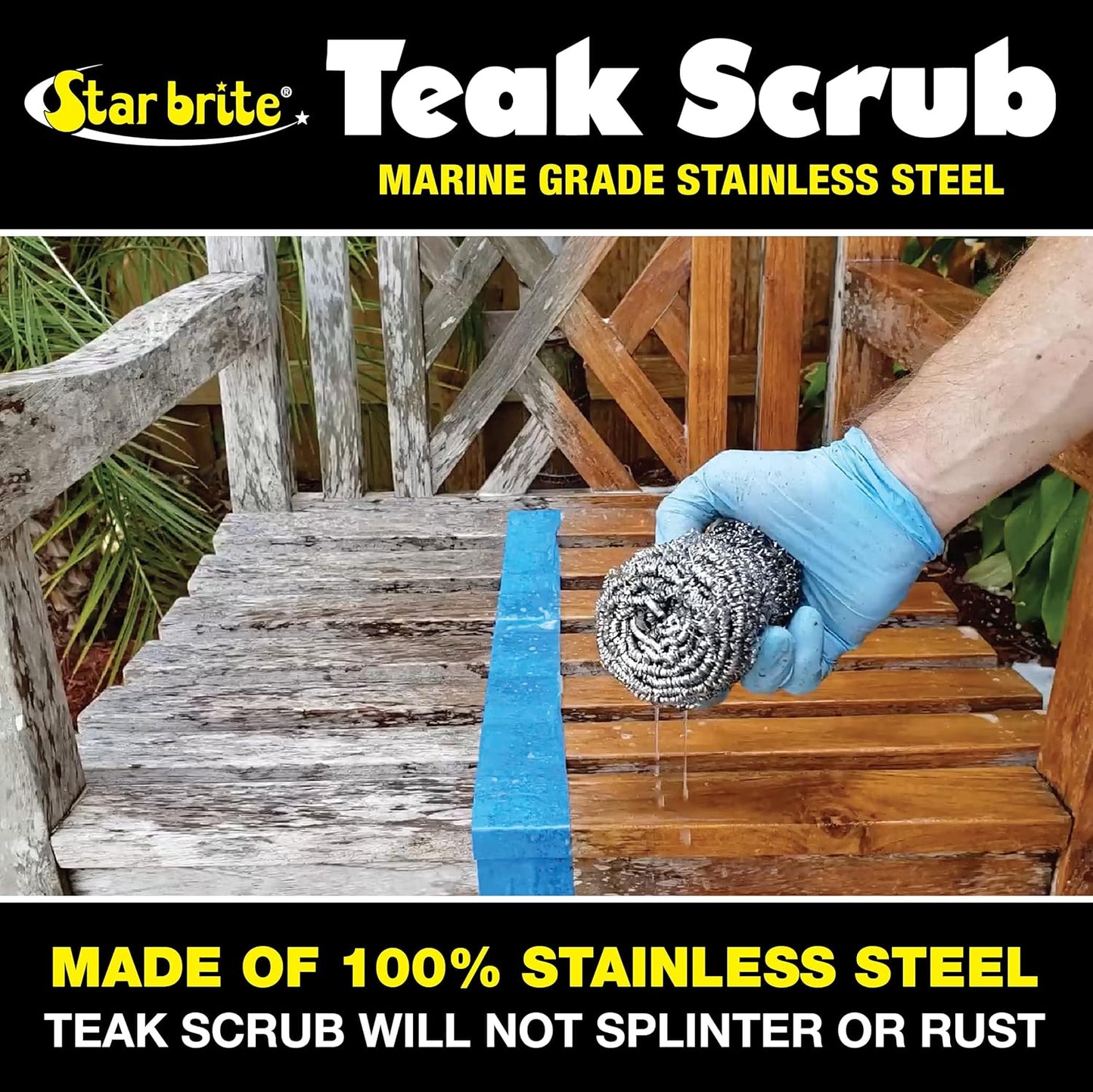 STAR BRITE Marine-Grade Stainless Steel Scrub Scouring Pad Scrubber - Refinish Wood Furniture & Boat Teak