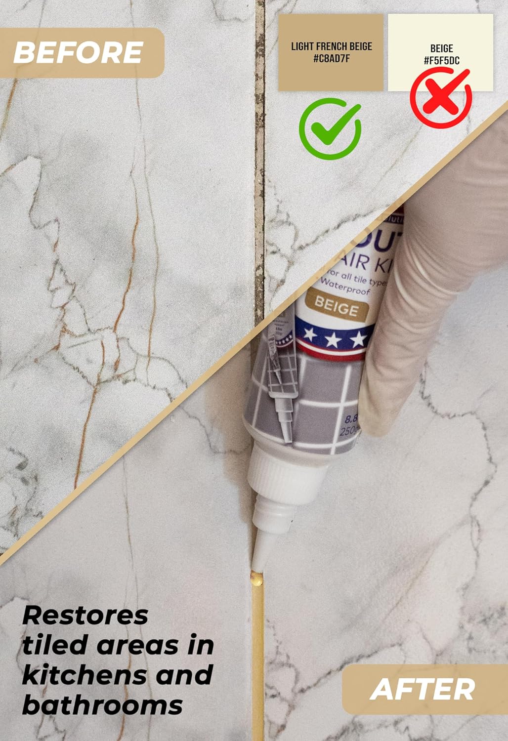 Tile Grout Repair, Grey 8.8 oz/250gr. Fast Drying Grout Repair Kit, Grout Filler Tube Repair Kit, Tile Grout Paint, Grout Sealer Restore and Renew Bathroom Floor, Tile Gaps, Joints, Lines