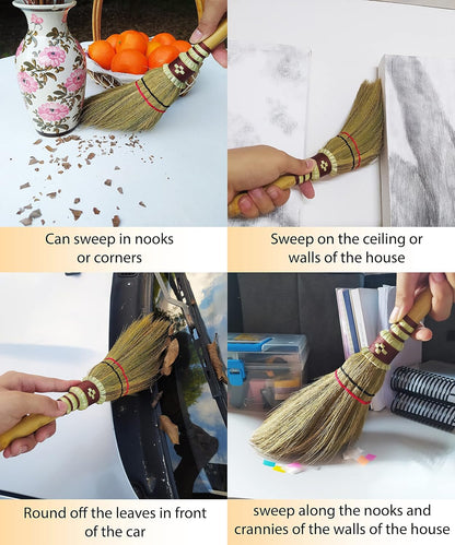 Handmade,Natural Grass Asian, Whisk Broom Thai, Handle Bamboo, Soft Brush Mini with Solid Wood Handle Retro Nature No Static Electricity Sweeping 13in