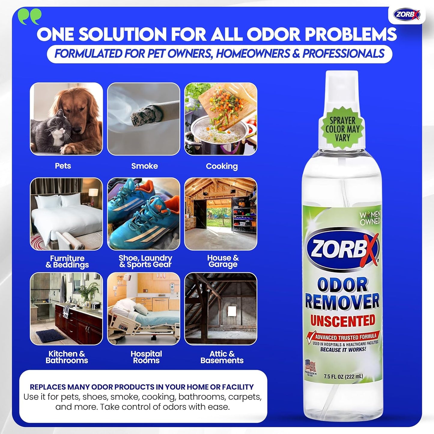 ZORBX Unscented Odor Eliminator for Strong Odor 2 Fl Oz Pack of 5 - Used in Hospitals & Healthcare Facilities - Advanced Formula, Fast-Acting Odor Remover Spray for Dog, Cat, House & Carpet
