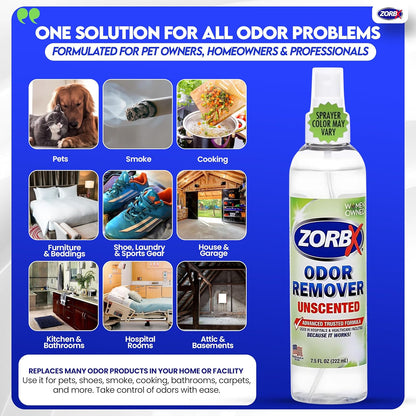 ZORBX Unscented Odor Eliminator for Strong Odor 2 Fl Oz Pack of 5 - Used in Hospitals & Healthcare Facilities - Advanced Formula, Fast-Acting Odor Remover Spray for Dog, Cat, House & Carpet