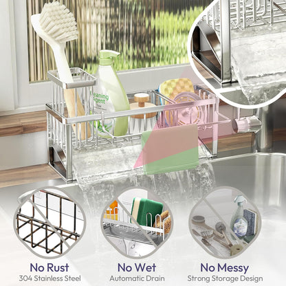 SWTYMIKI Sponge Holder for Kitchen Sink - 2 Tier Rustproof Sink Caddy with Instant Drying Stone, Removable Dish Brush Holder, Stainless Steel Kitchen Caddy for Coutertop Storage Accessories
