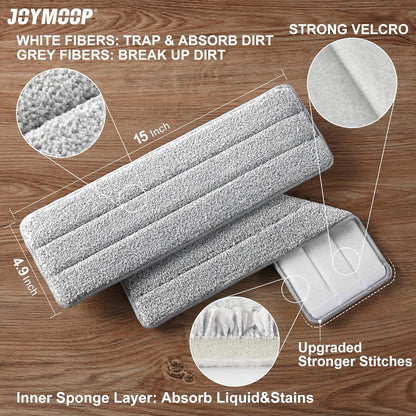 JOYMOOP 17.7-Inch Microfiber Flat Mop Replacement Pads – Washable Reusable Grey & Stripe, Pack of 4 Heavy-Duty Wet & Dry Refill for JOYMOOP Flat Mop & Bucket System
