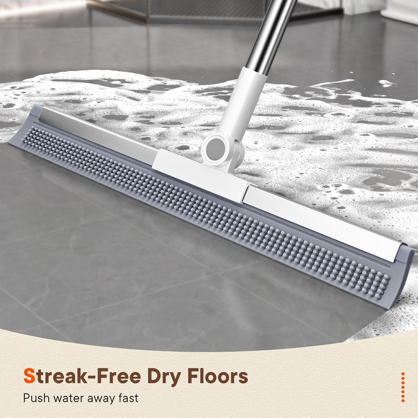Floor Squeegee with Long Handle, 180° Rotating Silicone Broom for Concrete & Tile Floors, Squeegee for Water Removal on Garage, Bathroom and Deck, Adjustable 35–62 in Handle, 2 Pads