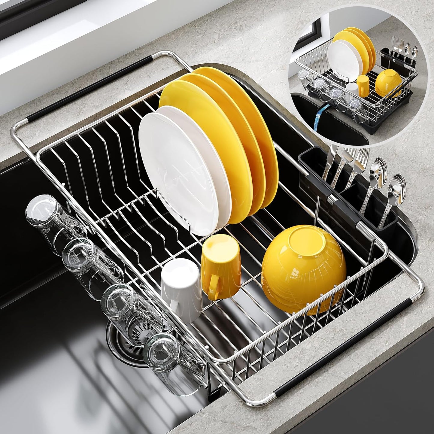 JASIWAY Dish Drying Rack in Sink, Expandable Stainless Steel Dish Drainers for Kitchen Counter, Dish Dryer Rack for Inside Sink, Over The Sink Dish Racks with Utensil Holder, Silver