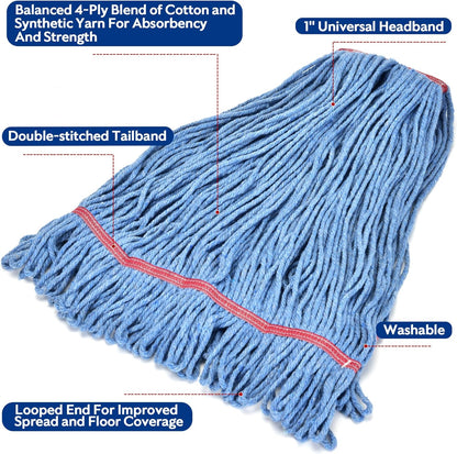 Matthew Cleaning Heavy Duty Mop Head Commercial Replacement for General and Floor Cleaning , Wet Industrial Blue Cotton Looped End String Head Refill (Pack of 6) Blue
