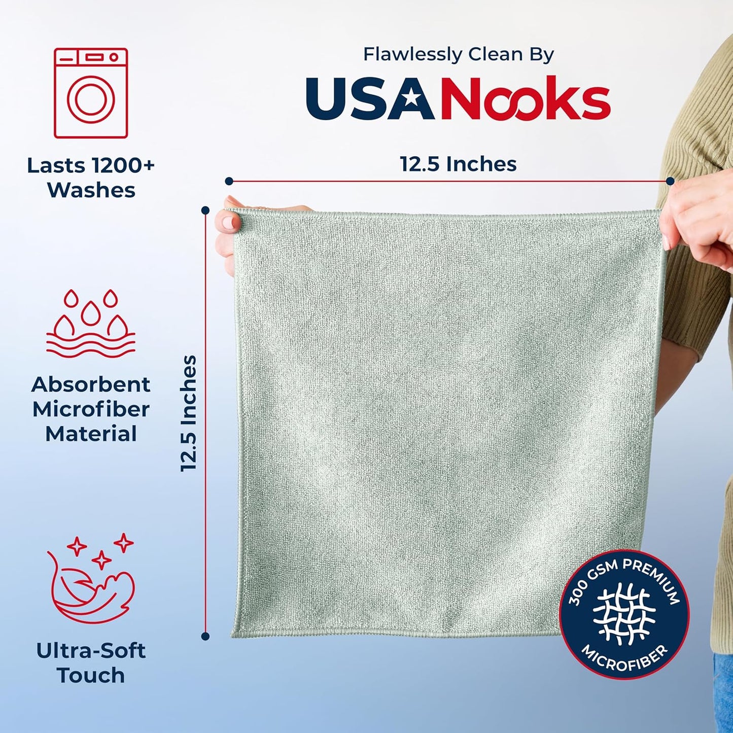 USANOOKS Microfiber Cleaning Cloth Grey - 12 Pcs (12.5"x12.5") - High Performance - 1200 Washes, Ultra Absorbent Microfiber Towel Weave Grime & Liquid for Streak-Free Mirror Shine - Car Washing Cloth