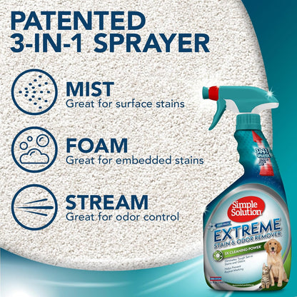 Simple Solution Extreme Pet Stain and Odor Eliminator Spray, Enzymatic Cleaner With 3X Pro-Bacteria Cleaning Power for Dogs & Cats, Strong Urine, Pee and Poop Smell Remover for Carpets & Floors, 32 oz